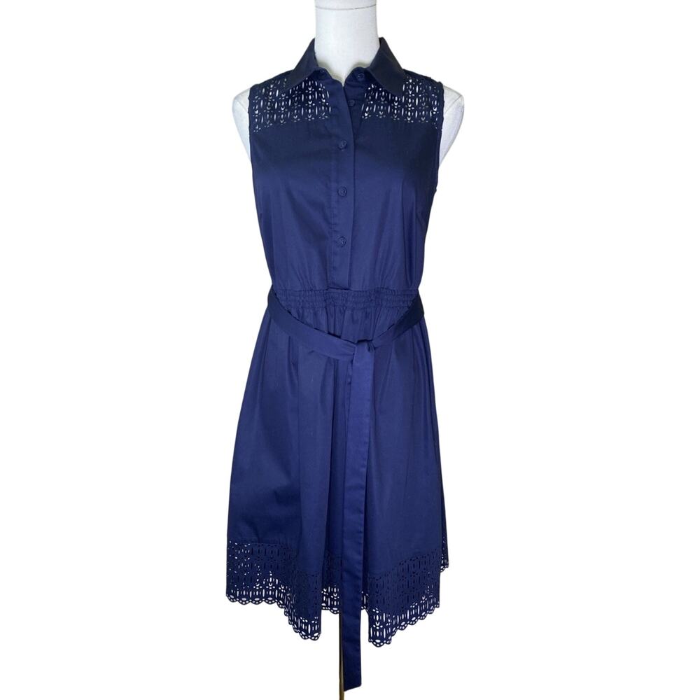 Laundry by Shelli Segal Blue Laser Cut Dress Fit & Flare Collar Classic Belted
